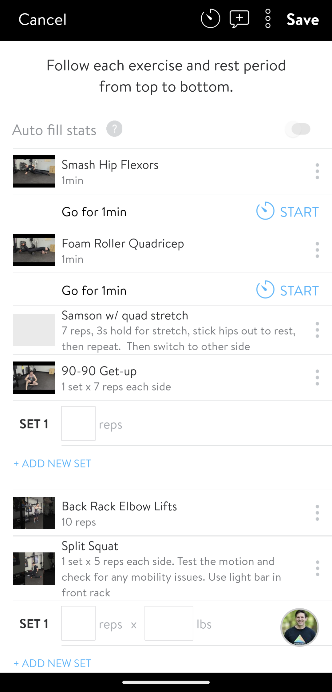 Primedy App customized workout view